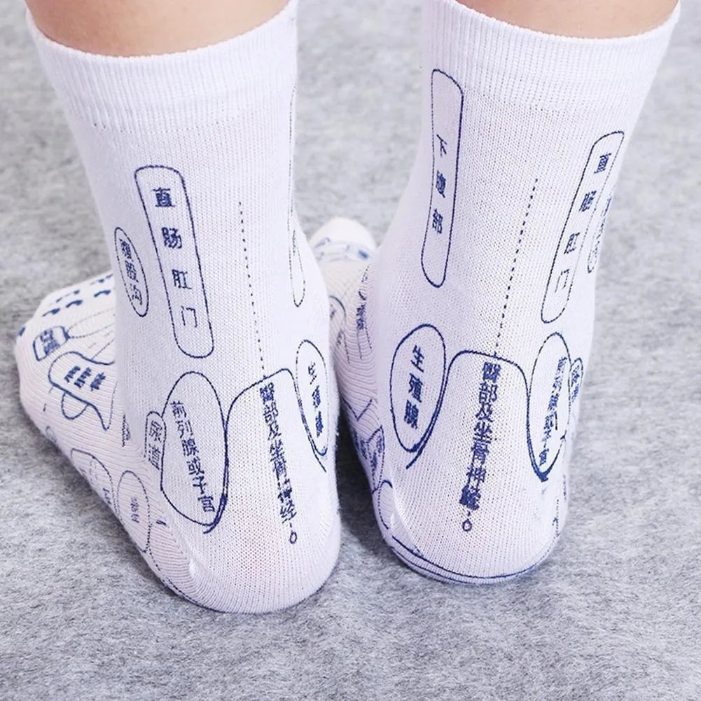 Socks with acupressure point diagrams for foot reflexology, cotton blend, one size adult