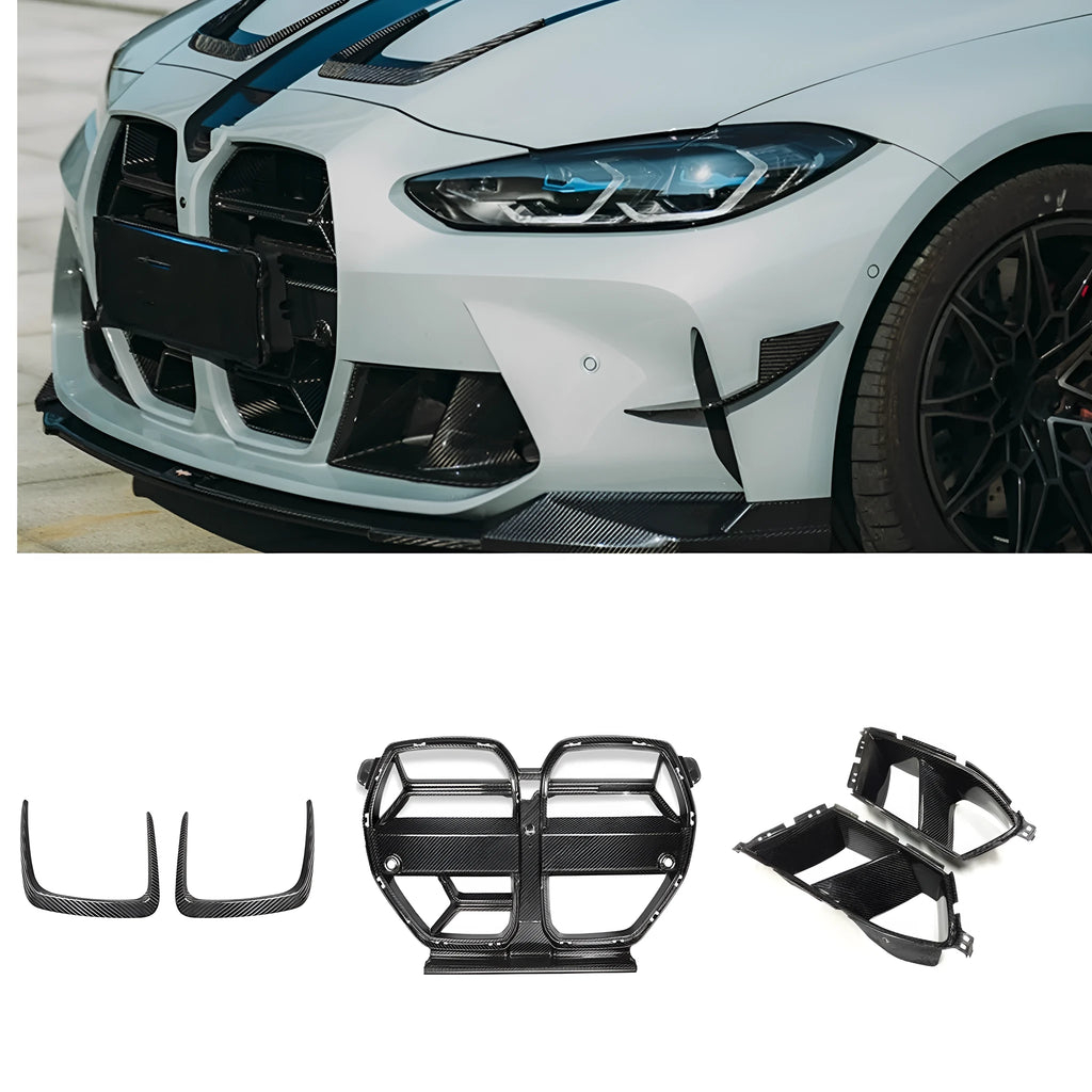 Dry carbon fibre front bumper grille for BMW M3 M4 G80 G82 with 3K weave pattern.