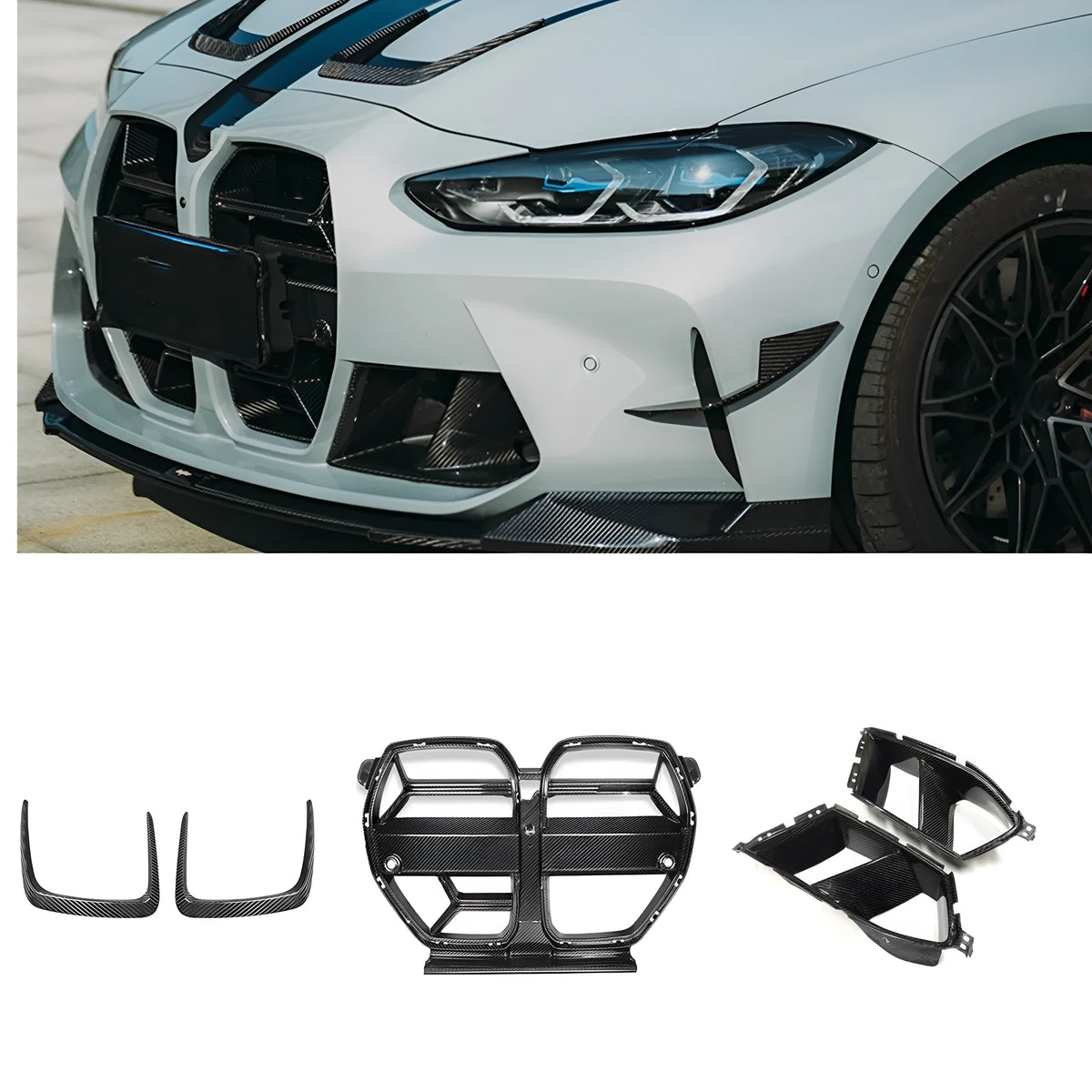 Dry carbon fibre front bumper grille for BMW M3 M4 G80 G82 with 3K weave pattern.
