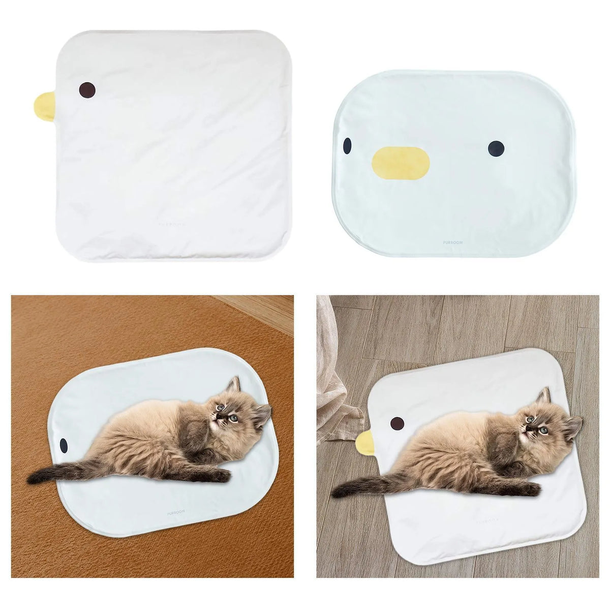Yellow chick-shaped pet cooling mat on a wooden floor, showing non-stick fabric surface.