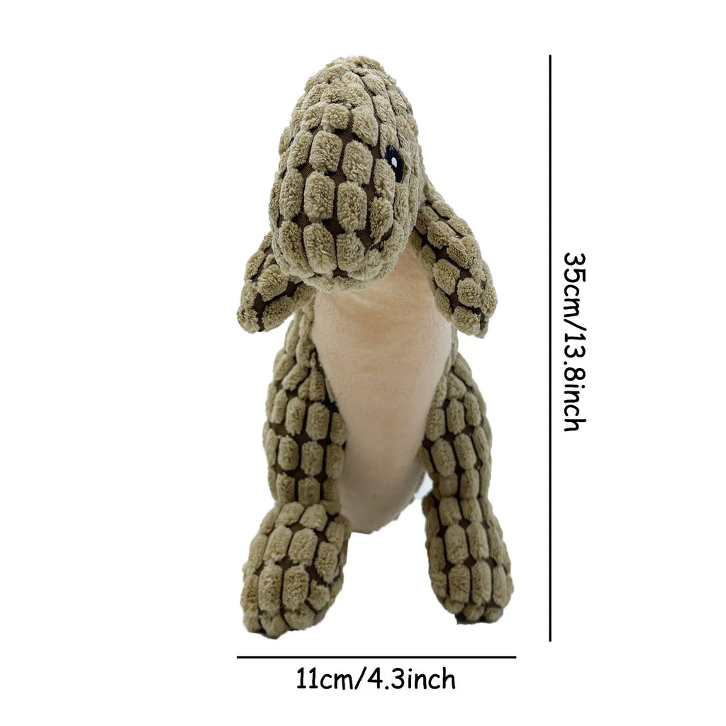 Four grey, green, and orange bite-resistant dog toys with sound features on a white background.