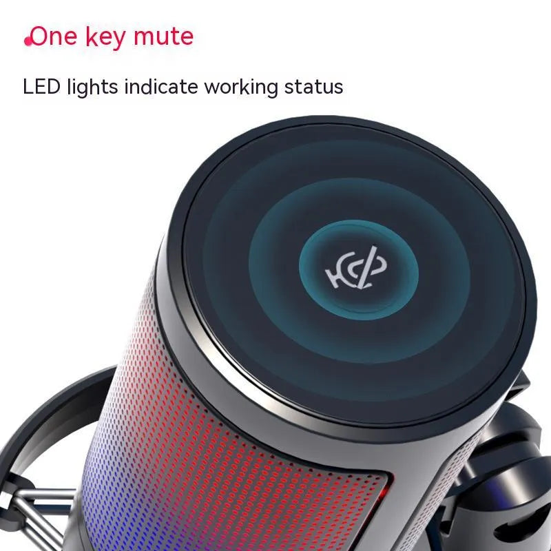 Condenser microphone with RGB lights in black, pink, or white, with a 150cm USB cable.