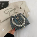 PU leather crossbody bag with diamond accents, chain strap, and bucket shape in colour option