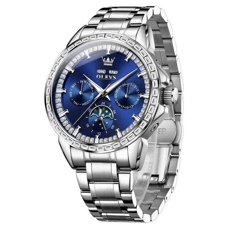 Men's automatic mechanical watch with diamond hour markers and stainless steel bracelet