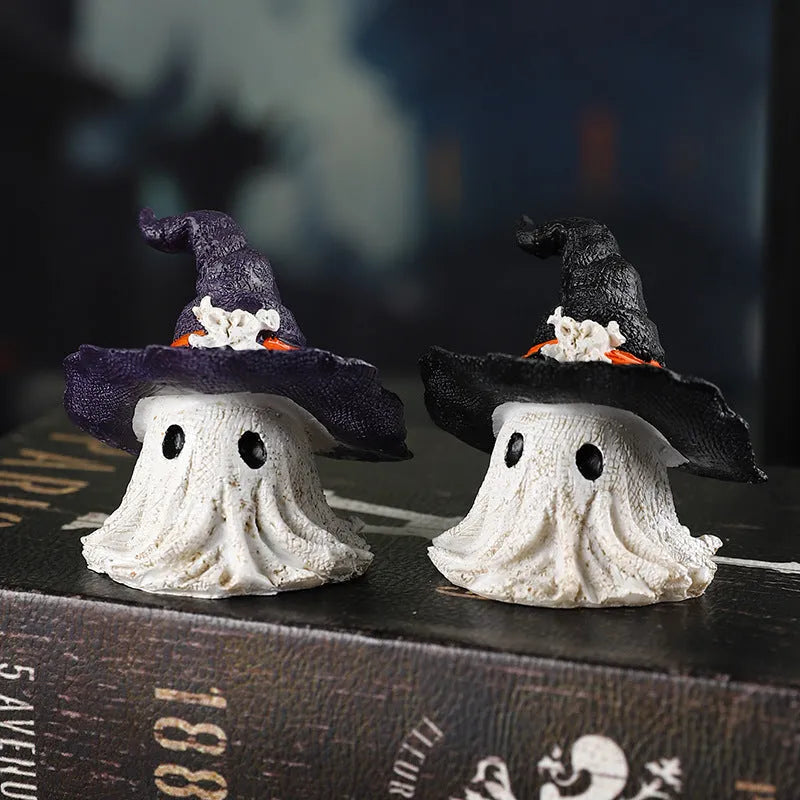 Purple and black solid resin wizard hat ghost ornaments for Halloween and Christmas decor.