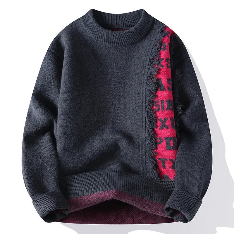 Men's loose-fit grey knitted pullover with a ribbed hemline, showing front view.