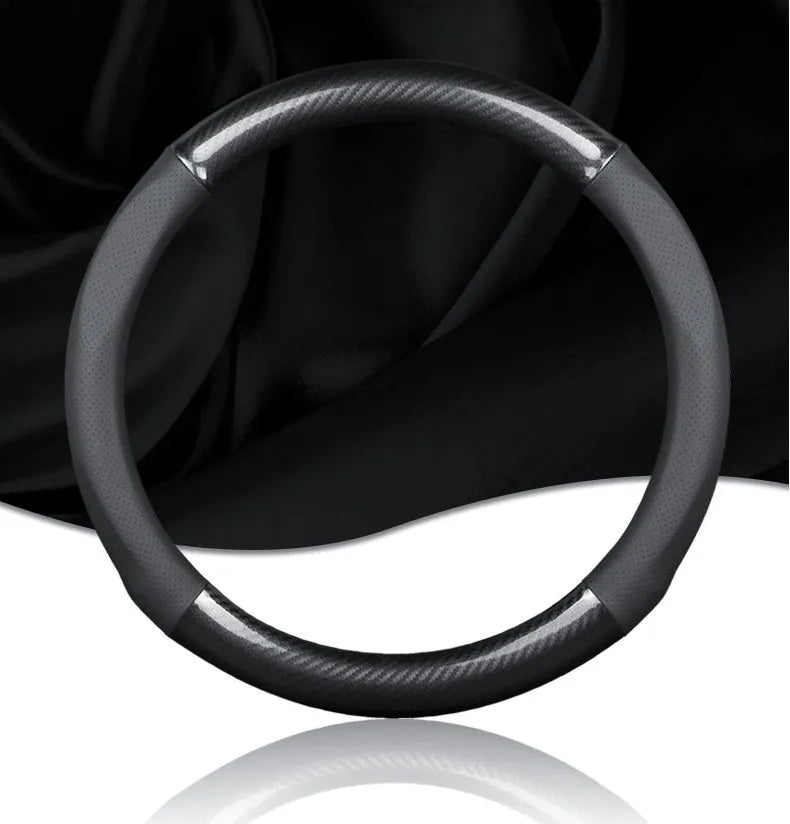 Universal 38cm leather carbon fiber steering wheel cover in mirror black with hole option