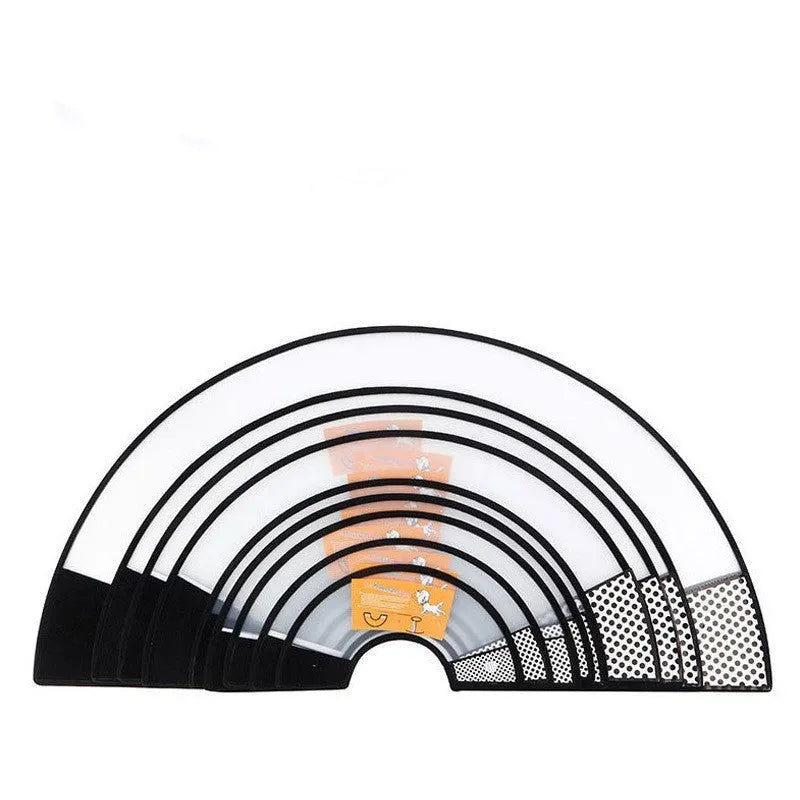 Transparent PP pet cleaning ring collar with adjustable Velcro, shown in size options for neck circumference 9-46cm.
