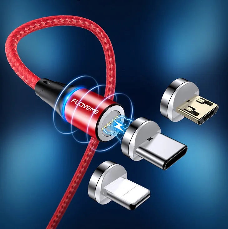 Black magnetic data cable with LED light on connector next to smartphone
