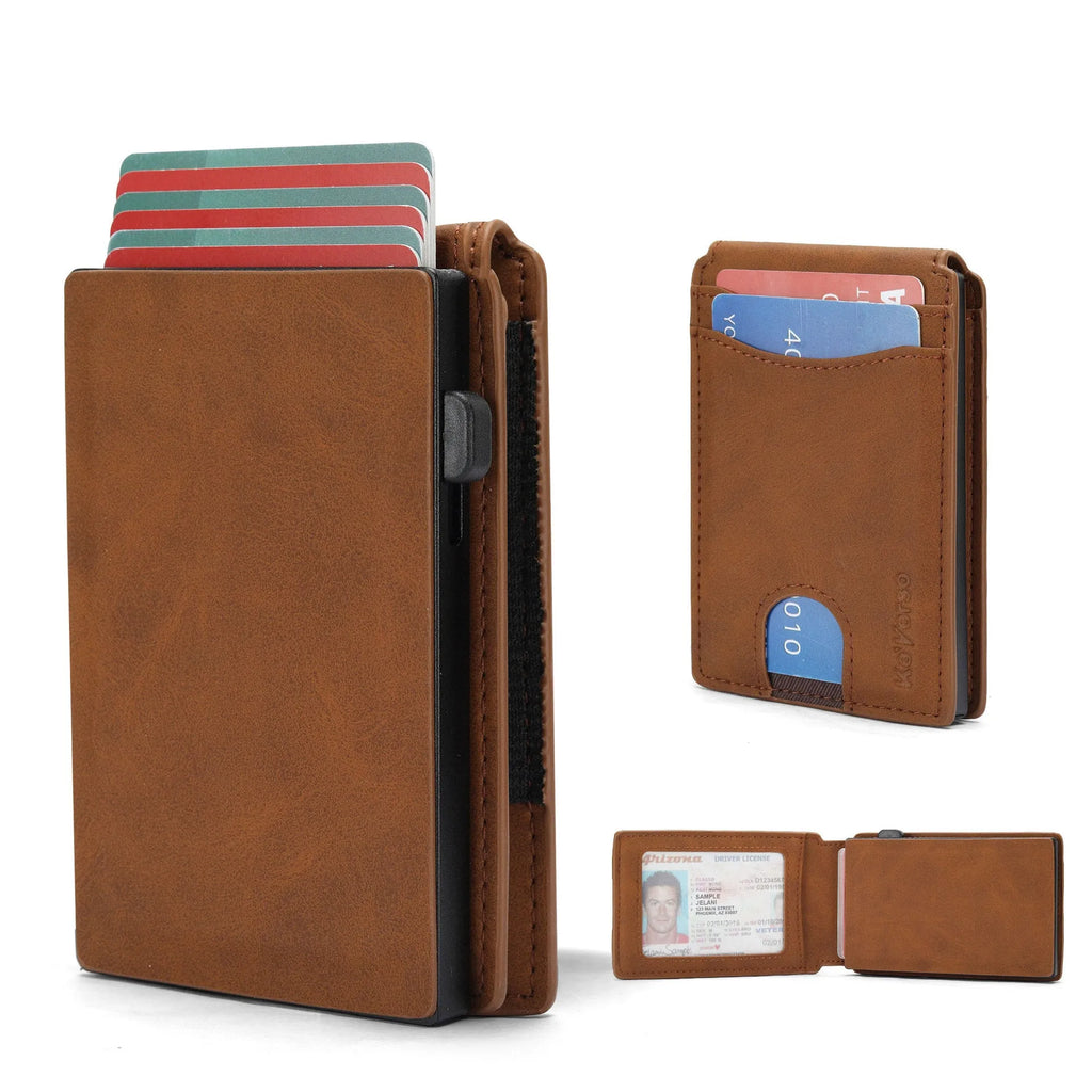 Men's slim synthetic leather card holder wallet in light brown, dark brown, and black colour options.