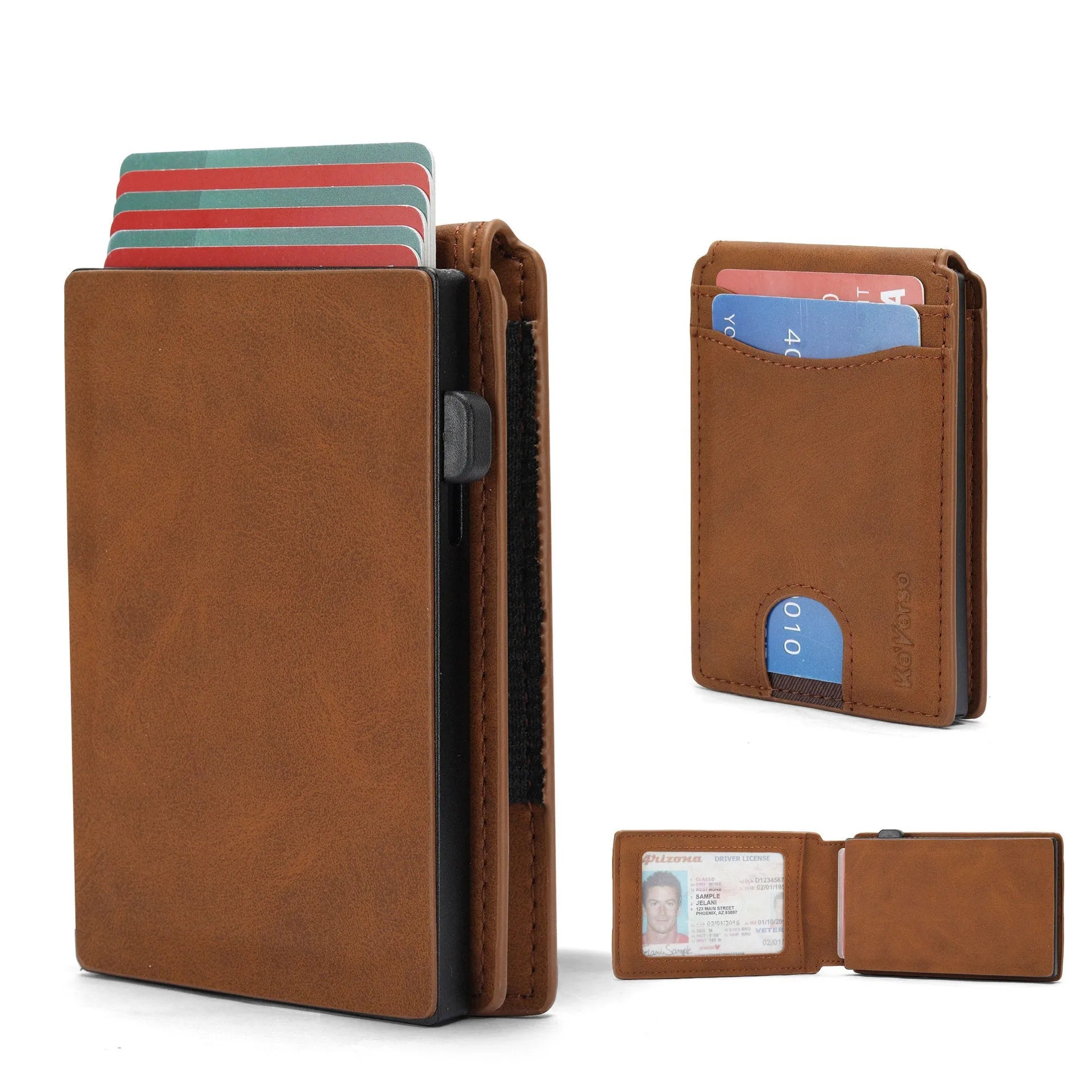 Men's slim synthetic leather card holder wallet in light brown, dark brown, and black colour options.