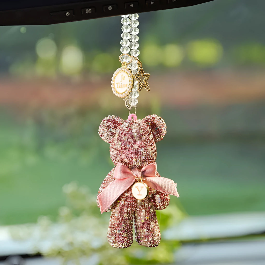 Artificial crystal rhinestone Violent Bear car rearview mirror pendant in black mixed pastel and white measuring 5x9CM