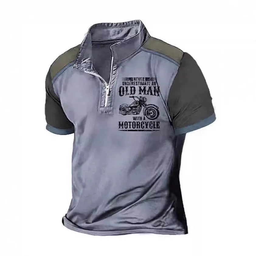 Men's short-sleeve polo shirt with lapel collar, digital letter pattern, and zipper decoration details.