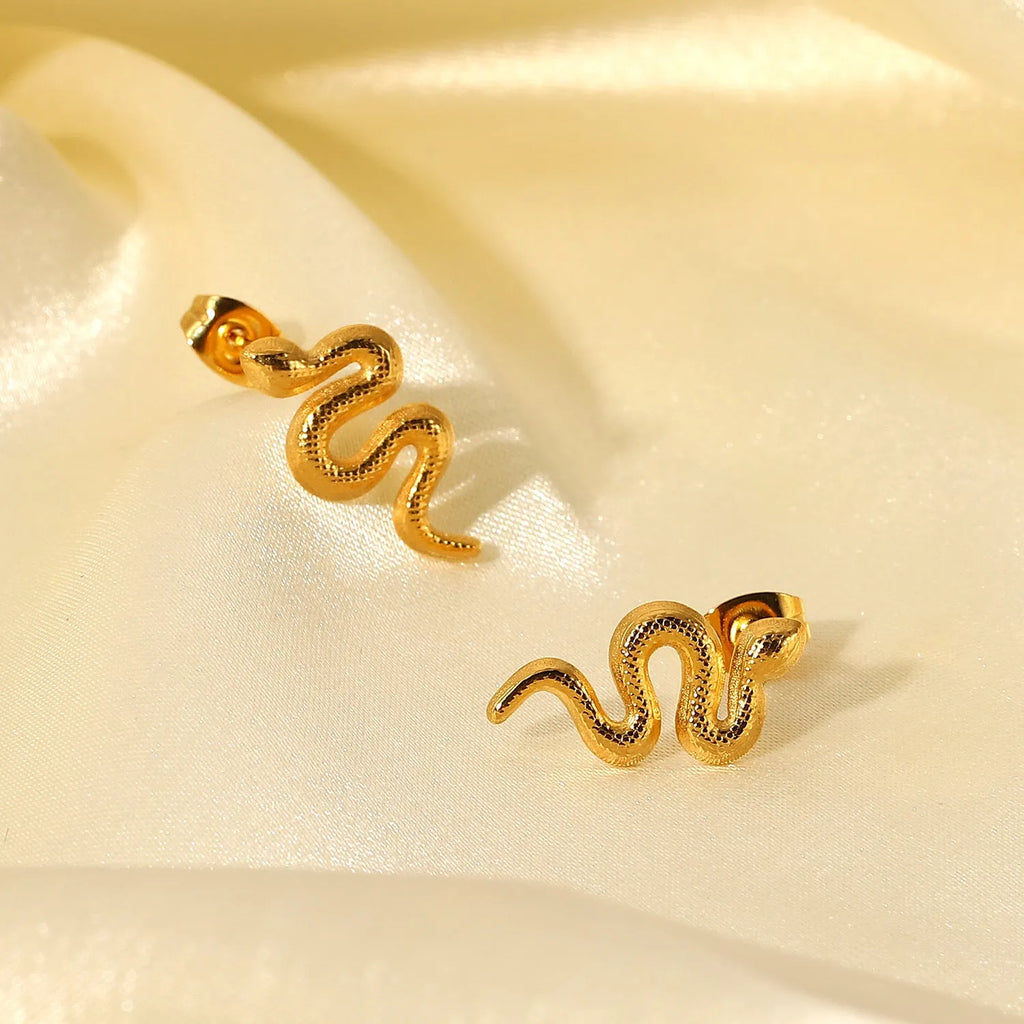 Gold snake stud earrings for women, 18K gold plated stainless steel, INS style, 1 pair