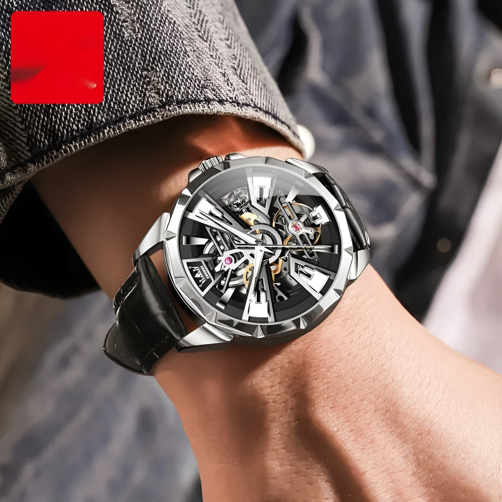 Men's automatic mechanical watch with hollow dial design and stainless steel case