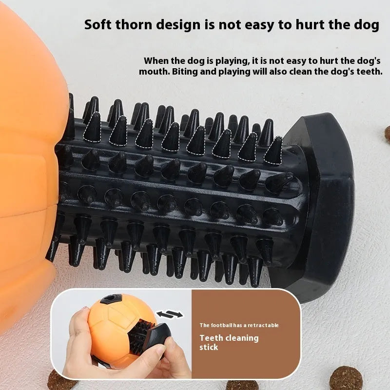 TPR dog toy ball in orange colour showing hollow design with optional teeth cleaning stick