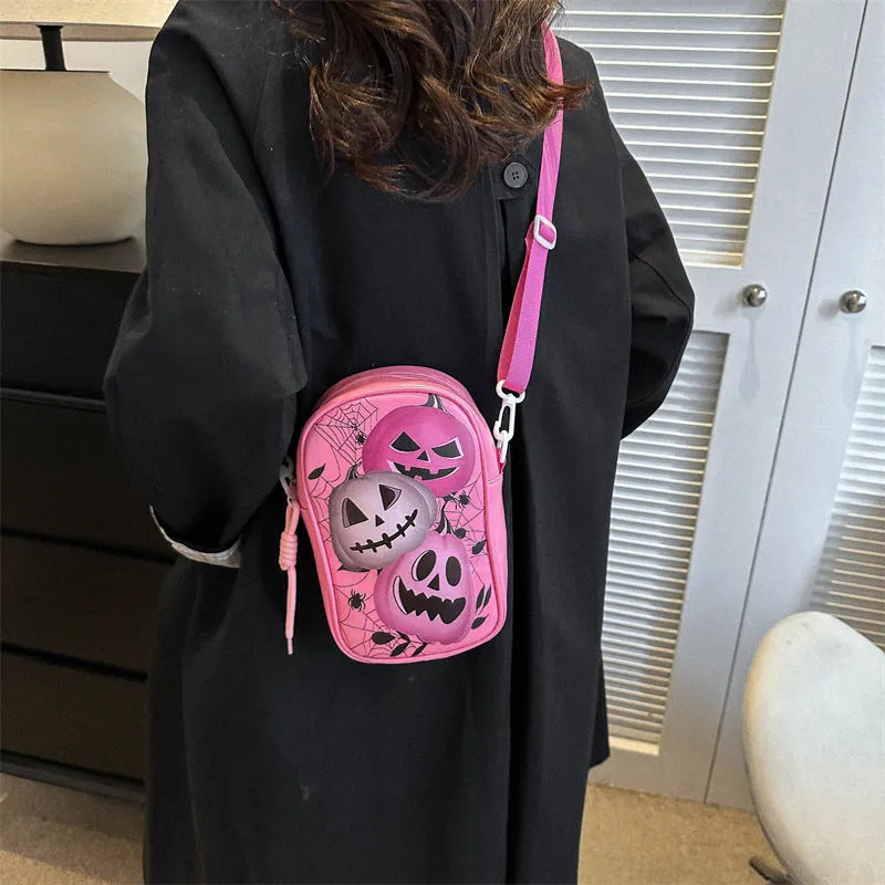 Women's Halloween graffiti print crossbody bag with pumpkin ghost bat cartoon design in black PU material