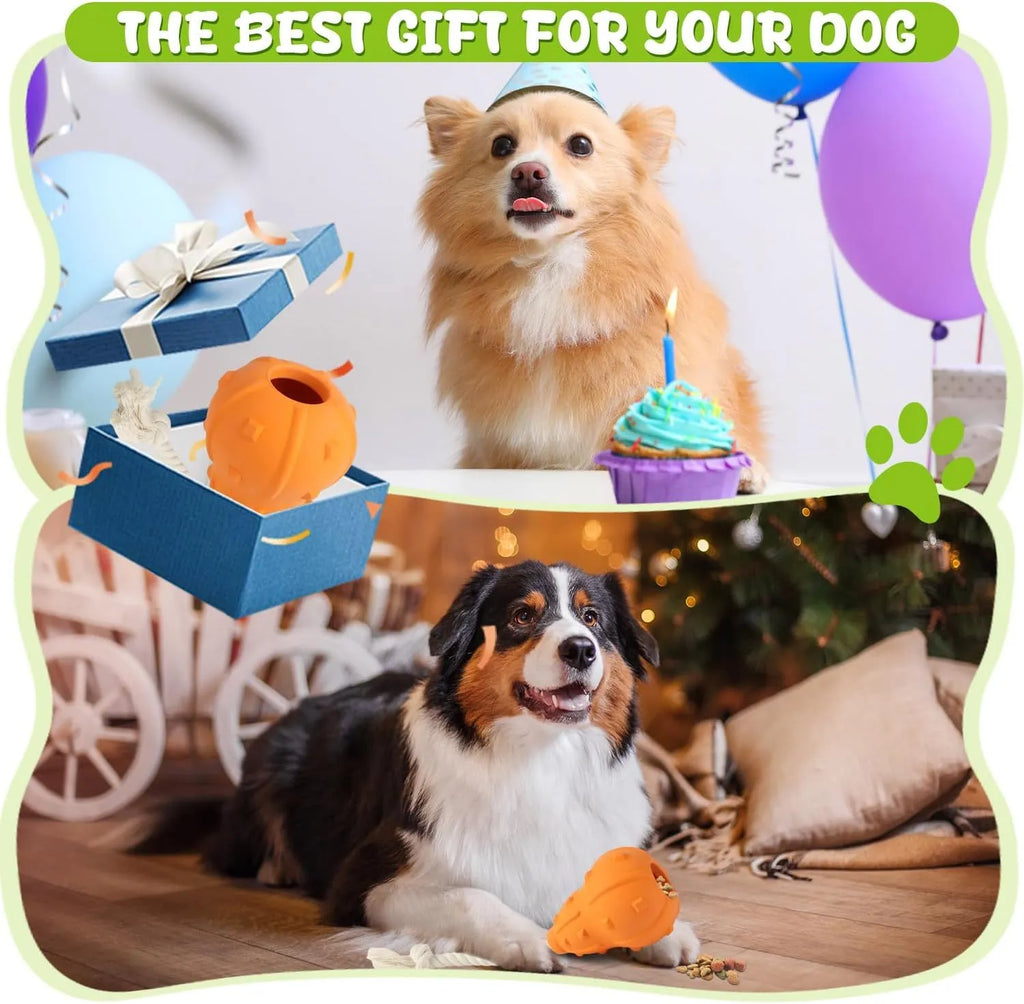 Natural rubber stuffable dog chew toy with a long strap for fetching and treat dispensing