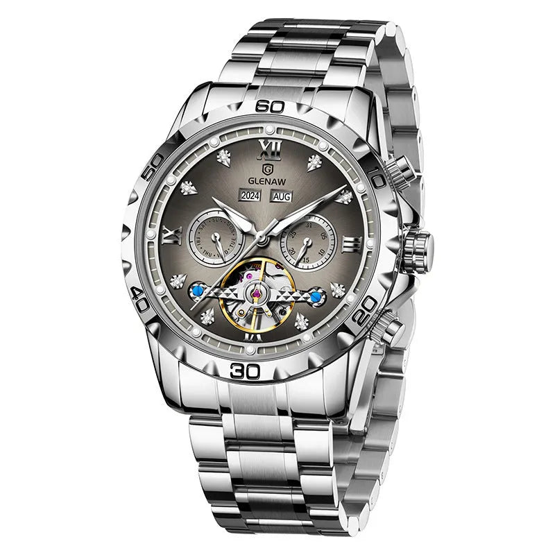 Men's automatic mechanical watch with mineral glass face and stainless steel strap in business style