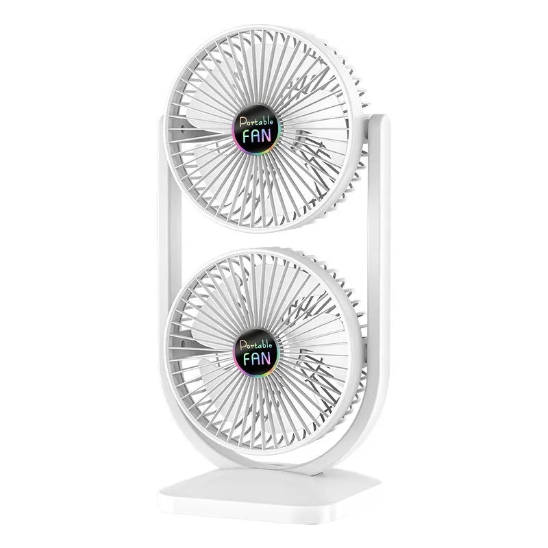 Double-layer electric fan with dual head USB rechargeable brushless motor in white, 19.8x15.6x39.3cm