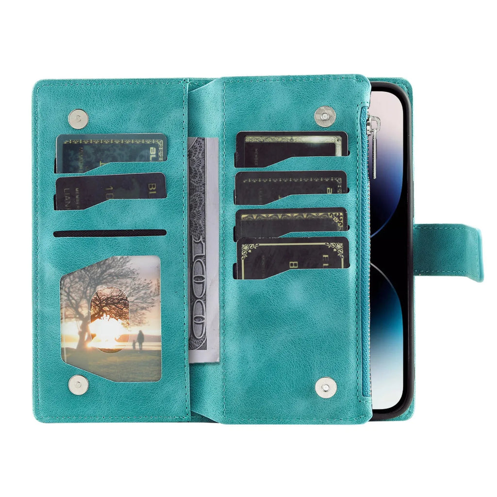 Multi-card embossed totem PU leather zipper bag phone case for iPhone, flip style, black, with card slots and zipper compartment.