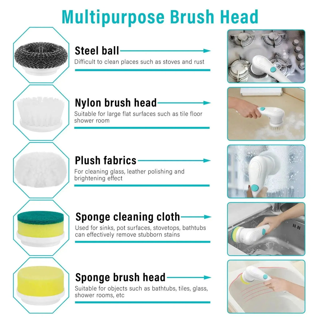 White cordless electric scrubber with five interchangeable brush heads on a kitchen counter