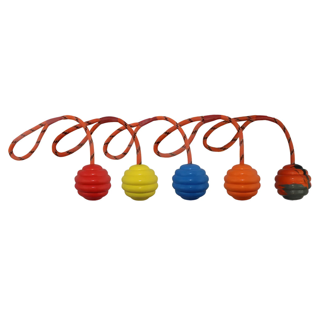Multi-colour rubber pet toy ball with knotted rope design for dogs and cats