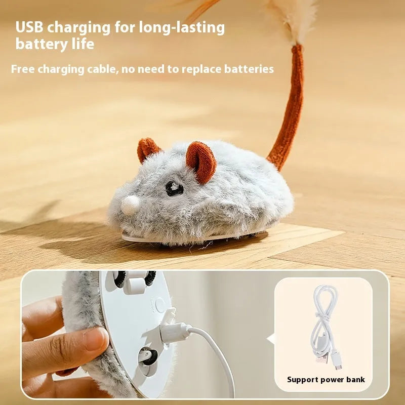 Electric rotating cat toy with plush mouse attachment in pink, purple, or dark grey colours