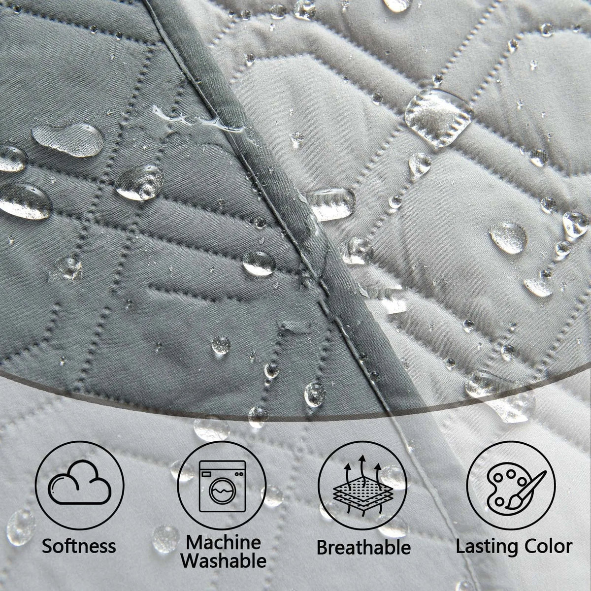 Reversible waterproof dog cushion on a sofa in dark grey and light grey contrast colours.