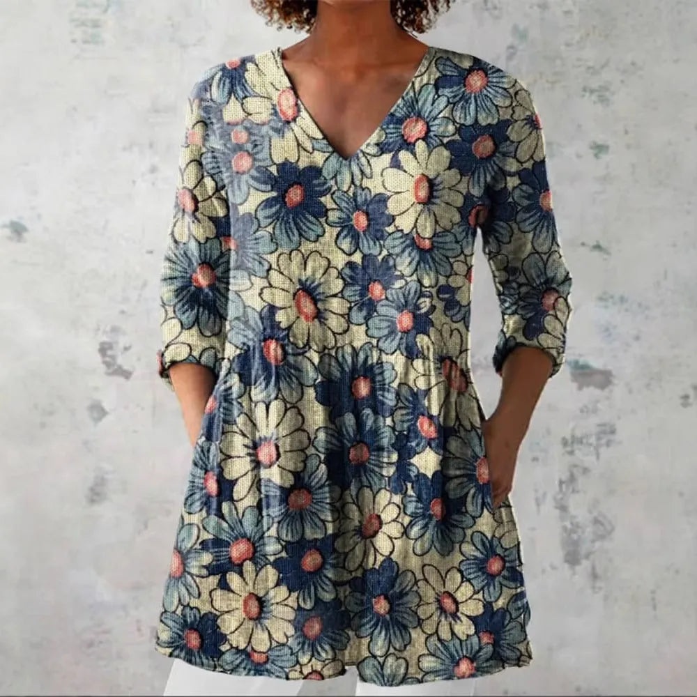 Women's retro slim fit long-sleeved top with a digital print pattern in a colour style variant.