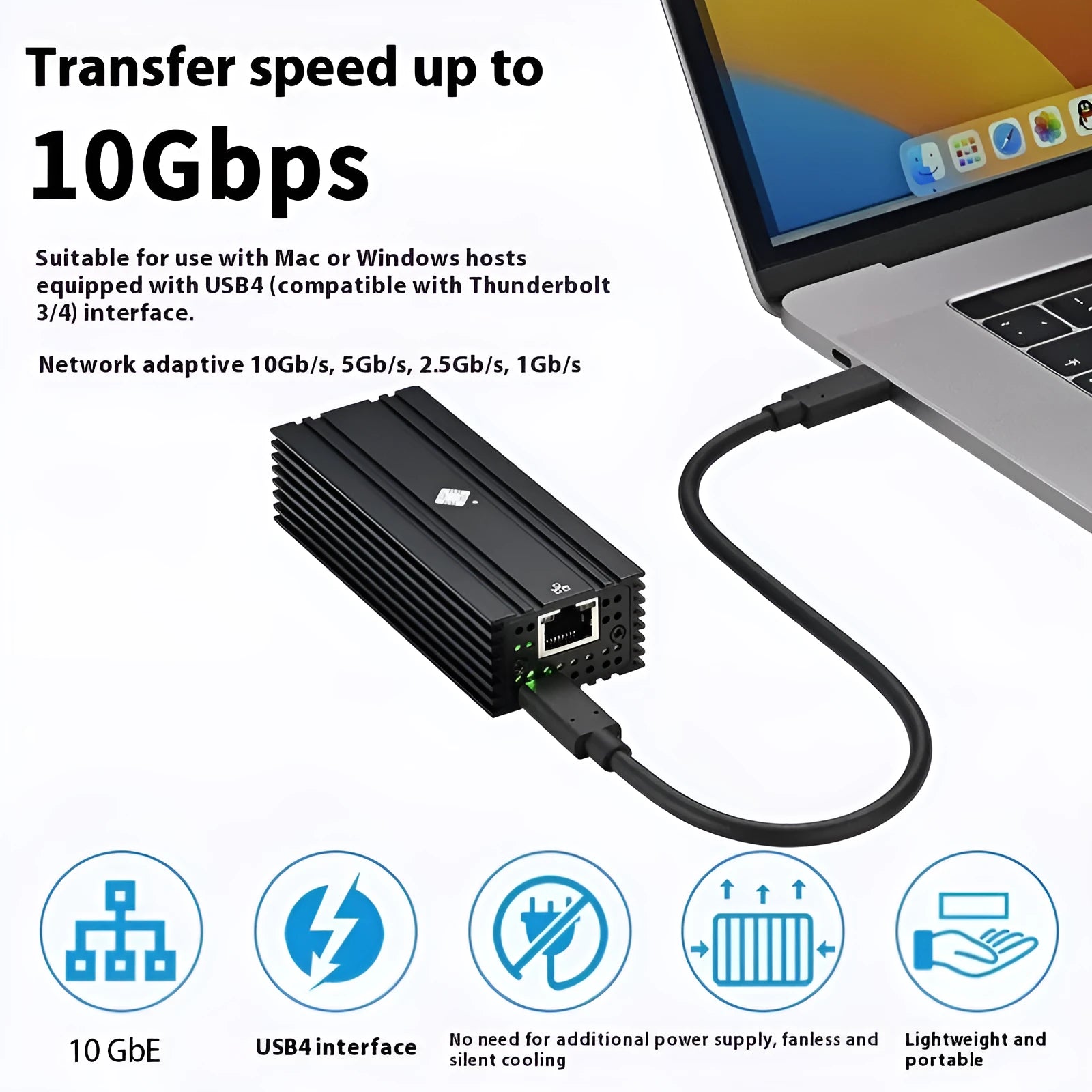 Black Leyu USB4 to 10 Gigabit Ethernet adapter with 20cm cable showing RJ45 port