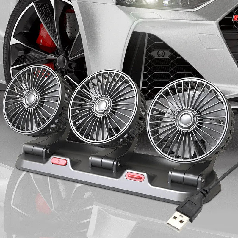 12V three-head adjustable car cooling fan with cigarette lighter plug on a 1.3m cable.