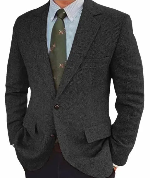 Men's brown herringbone pattern retro suit jacket with long sleeves and flax lining.