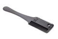 A 2-in-1 pet grooming comb with a built-in trimming blade and replacement blades, shown next to a small dog.