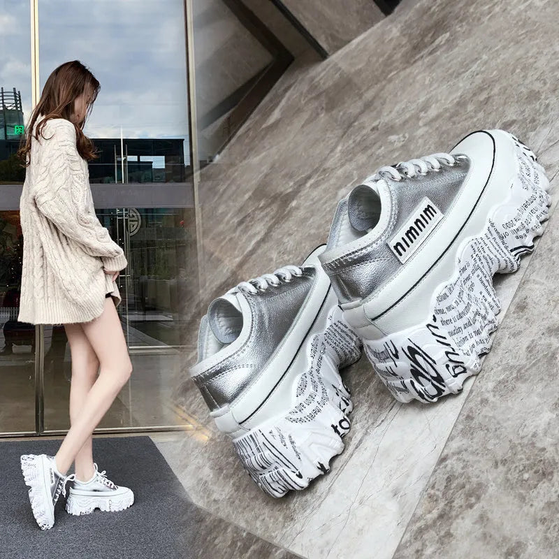 Newspaper Trifle Bottom trendy casual heightening sneakers in black microfibre leather