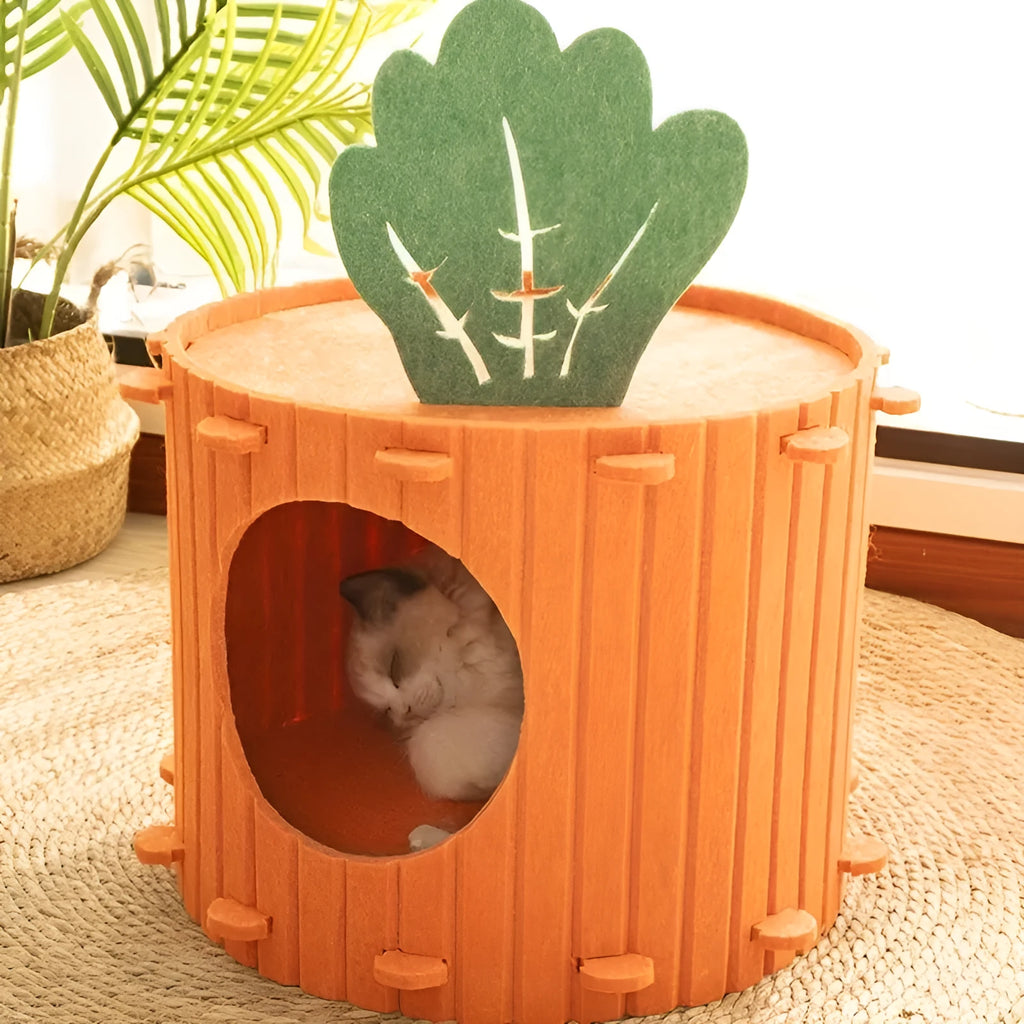Carrot-shaped grey felt cat nest tunnel with a round entry hole, shown in medium and large sizes.