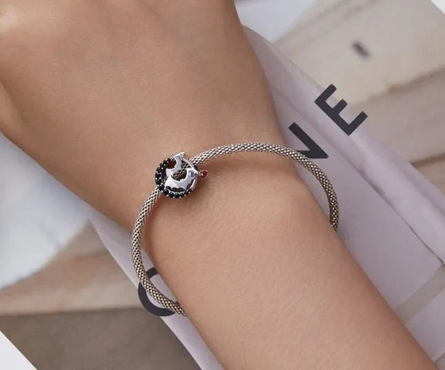 925 silver black zircon moon bead with drip oil finish approximately 1.6 by 1.3 centimetres