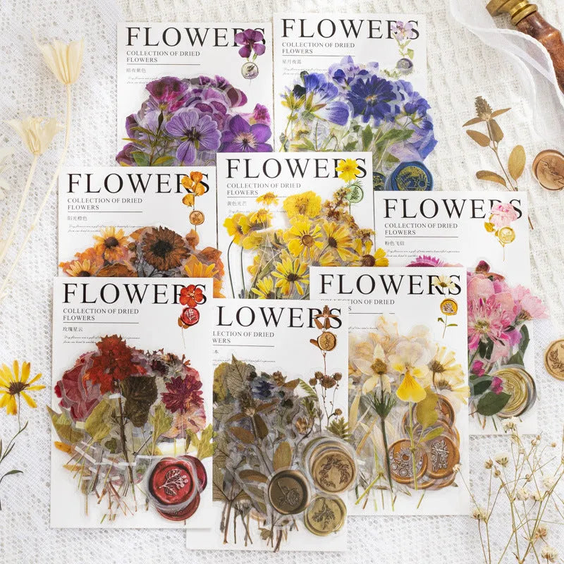 Dried flowers journal stickers pack with 40 PET sheets in eight colour variations