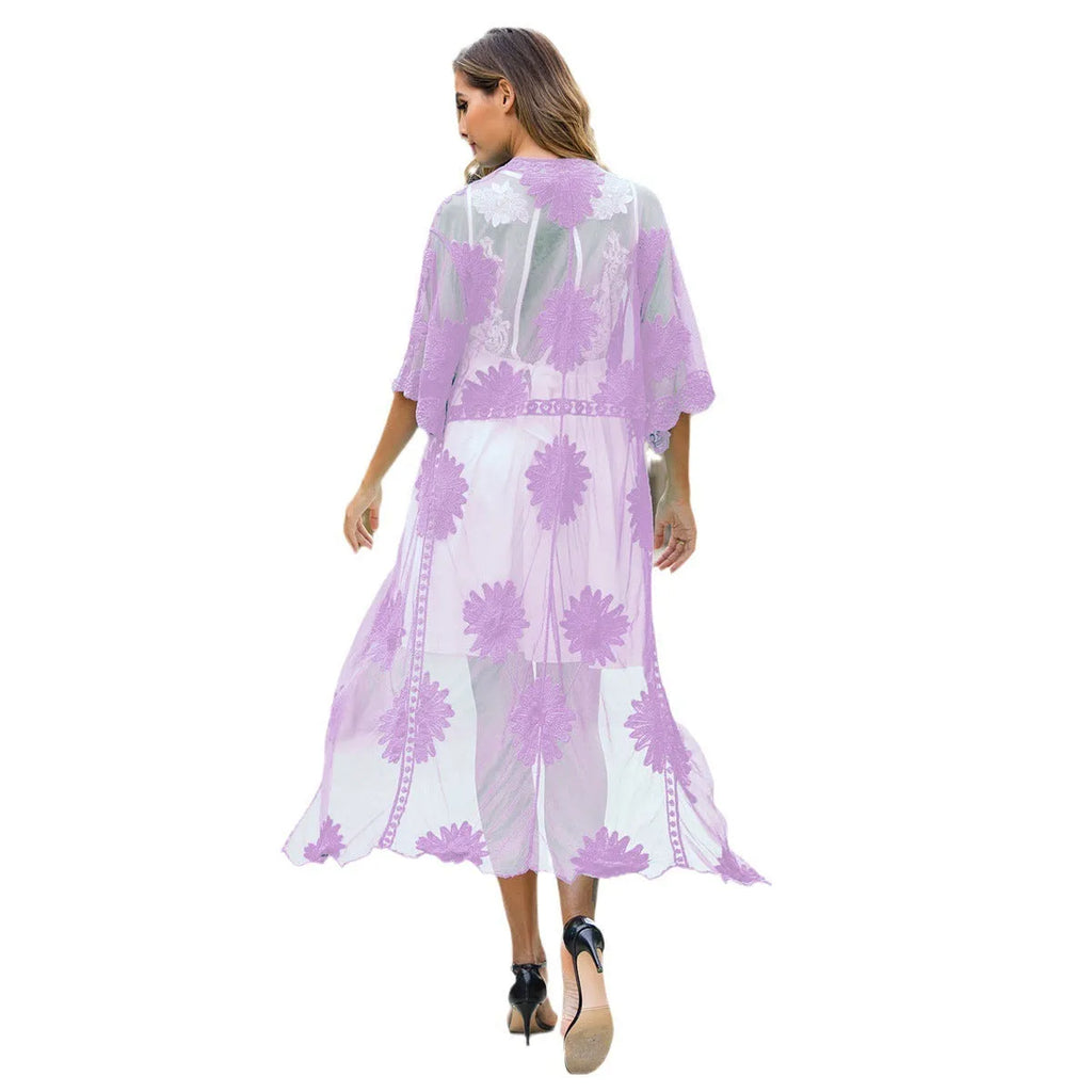 Light purple women's beach dress with lace embroidery, cotton lining, free size swimsuit cover-up
