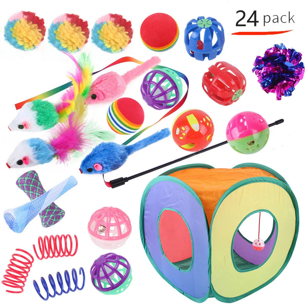 Plastic cat tunnel toy showing tubular channel design for feline play, with random colour accessories.