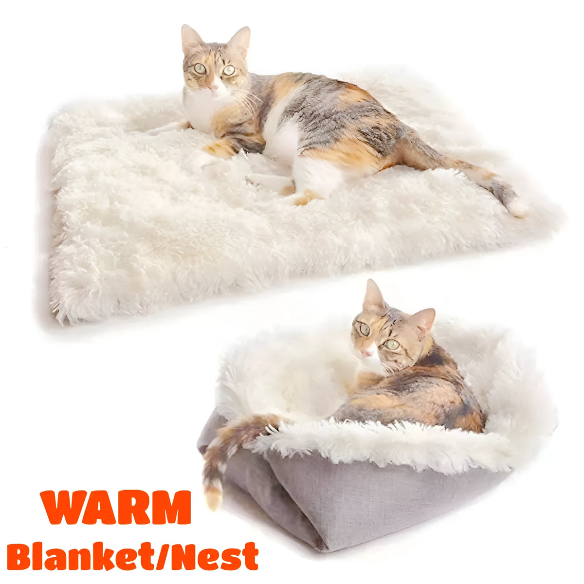 Grey plush pet blanket and bed with raised sides and a black non-slip bottom, shown on a wooden floor.