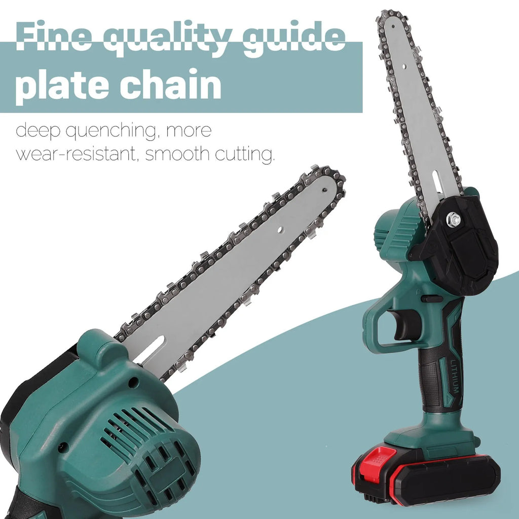 Black one-handed mini electric chainsaw with a 4-inch guide bar, shown with a lithium battery pack.