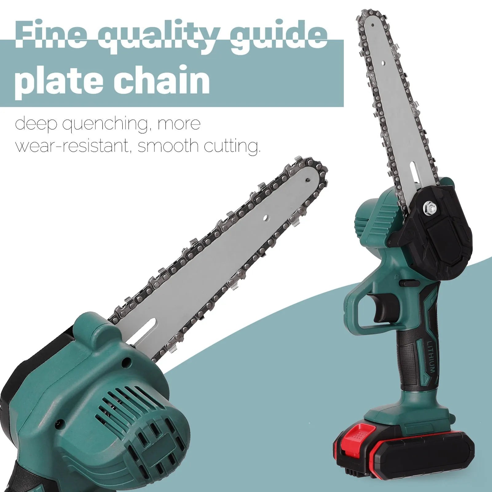 Black one-handed mini electric chainsaw with a 4-inch guide bar, shown with a lithium battery pack.