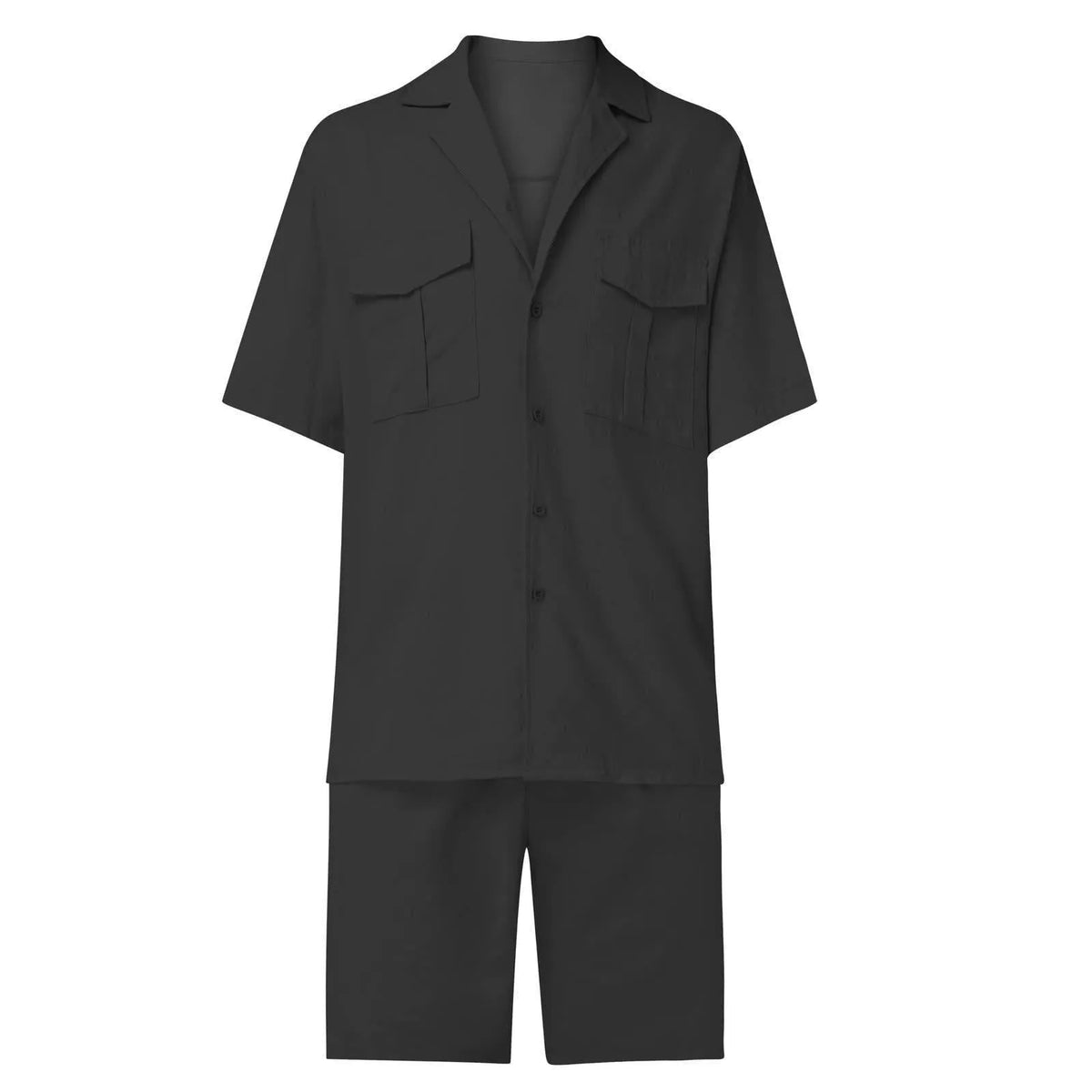 Linen lapel collar short sleeve shirt set with pockets in loose casual style, solid colour, women's summer outfit