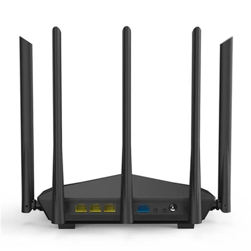 Black TP-Link AC11 wireless router showing four Gigabit Ethernet ports on the back panel.