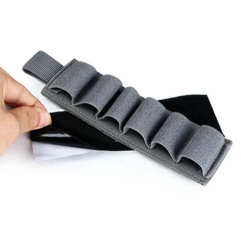 Army green 6-hole tactical nylon organiser pouch showing dimensions and hole layout.