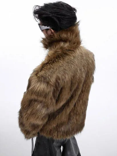 Men's brown short faux fur coat with long length and raccoon fur colour artificial fur collar