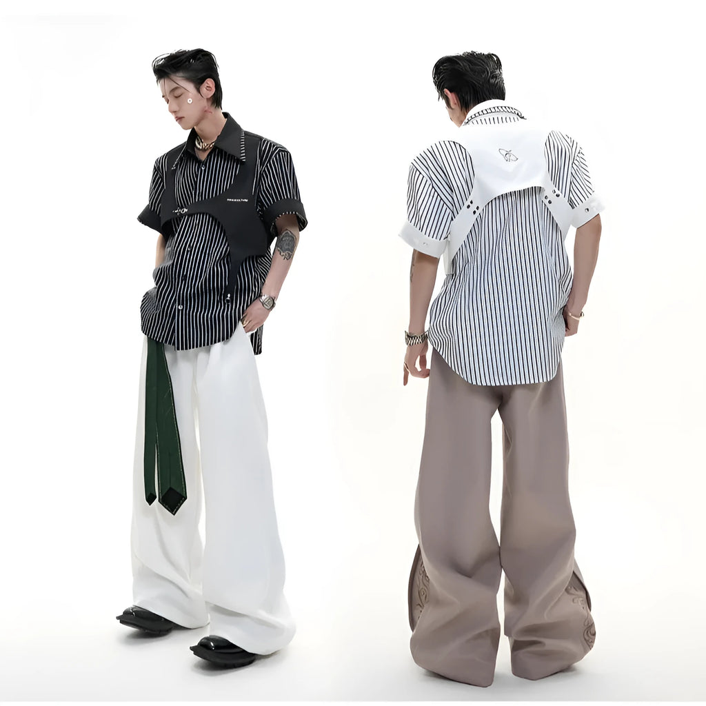 Men's black and white striped cotton short sleeve shirt with lapel collar