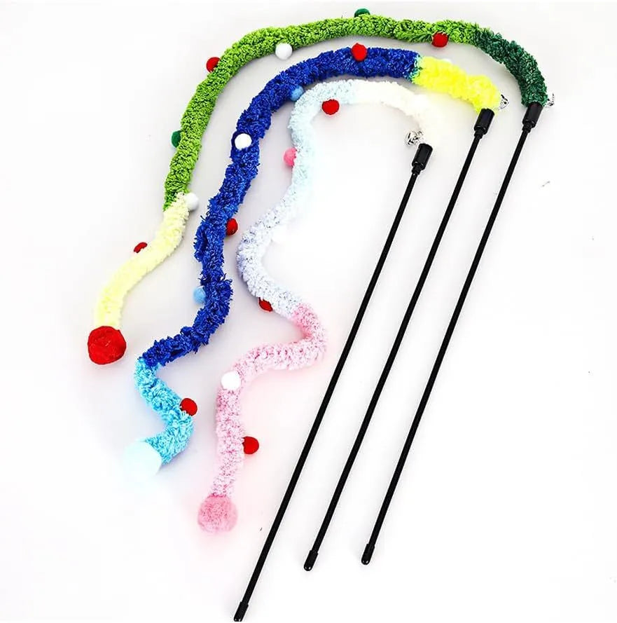 Cat wand toy with colourful feather and bell plush strip on 41cm pole