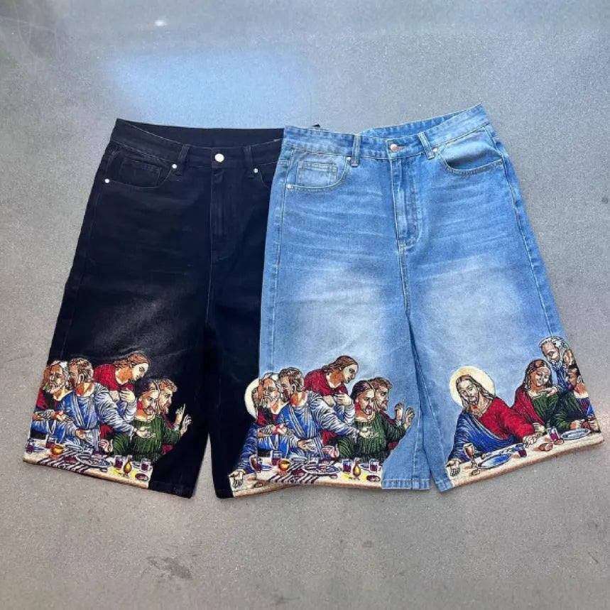 Blue men's tapered cotton shorts with a Jesus print design on the back pocket.